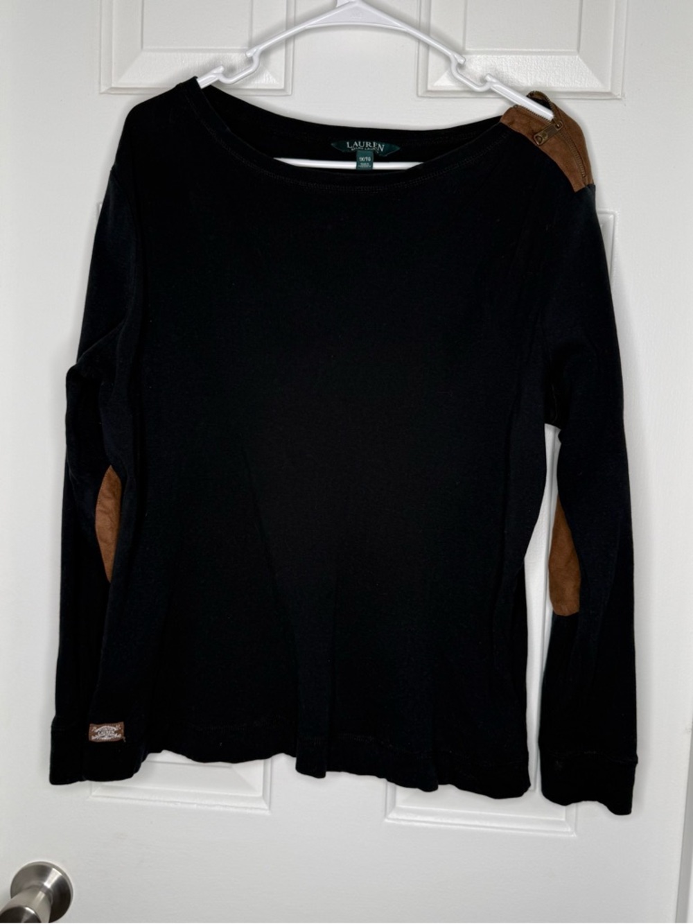 Ralph Lauren Black Long-Sleeve Top with Brown Elbow Patches